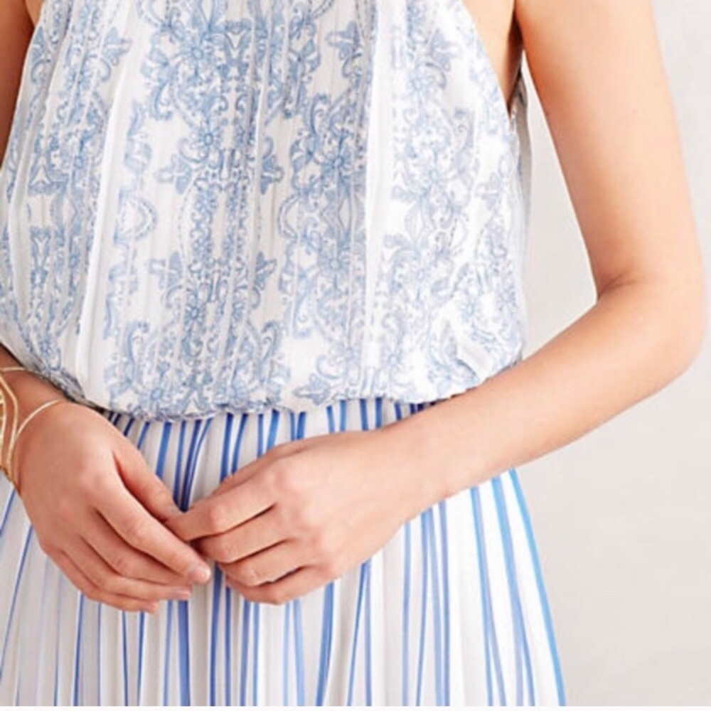 Anthropologie White and Light Blue Maxi Dress